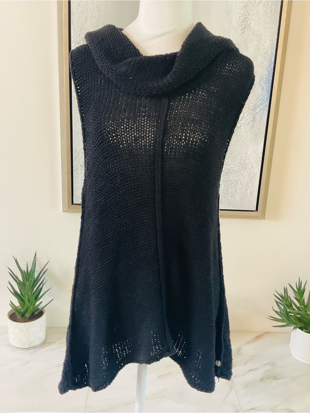 *Pure Handknit”  Black Sleeveless Cowl Neck Open-Knit Tunic